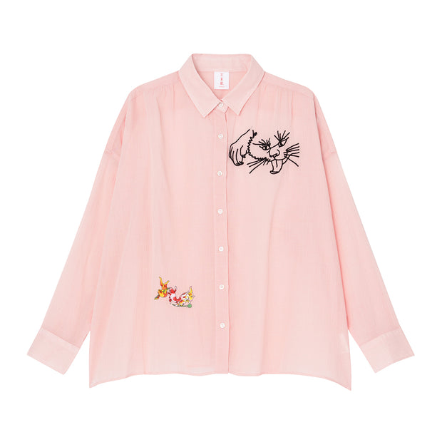 Wide Crepe Shirt／Goldfish & Cat (Peach)