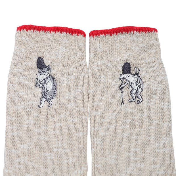 Cotton Slab Socks／Frog and Cat (Beige)